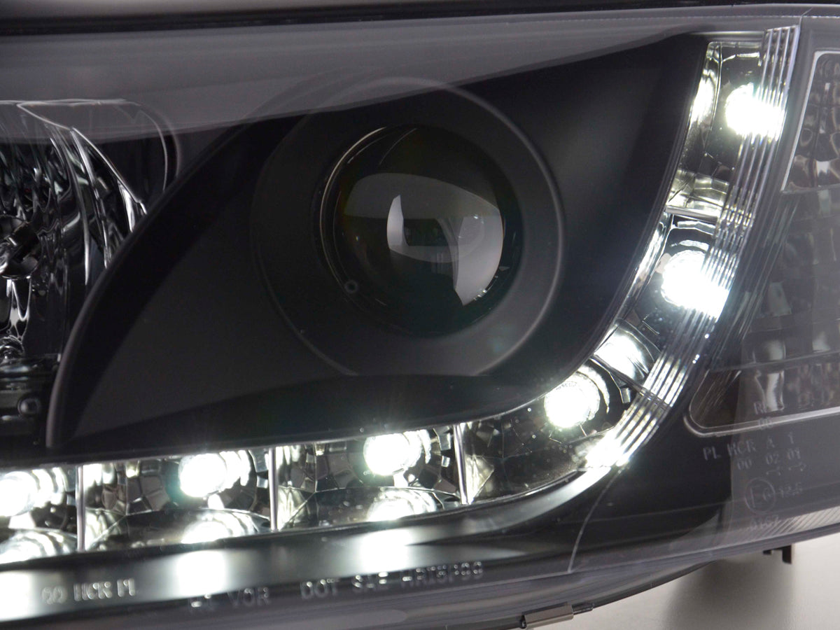 Scheinwerfer Set Daylight LED Tagfahrlicht Audi A6 4B 97-00 schwarz Scheinwerfer Set Daylight LED Tagfahrlicht Audi A6 4B 97-00 schwarz